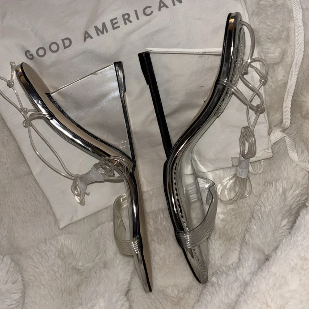 Good American Silver Cinderella Clear Straps Bride Gladiator Heels Formal New 7